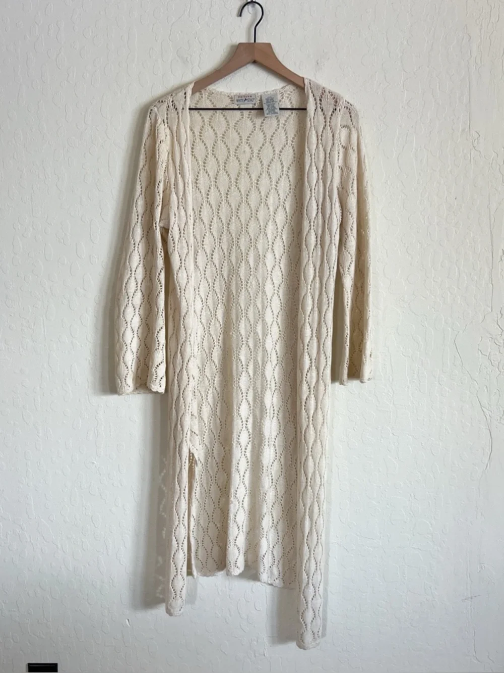 Vintage White Stag Cotton Ramie Crochet Knit Open Front Long Cardigan Small Pet
